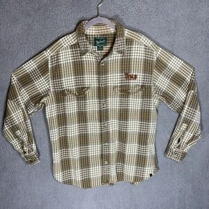 VTG Woolrich Shirt Mens L Brown Plaid Heavy Cotton Work Shaket Tesla Exploration